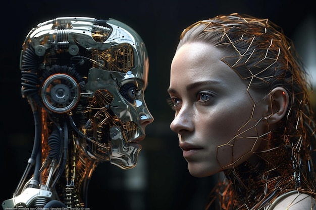 A robot and a woman face are looking at each other