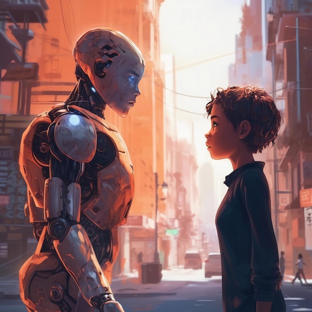 A robot and a woman facing each other in a street.