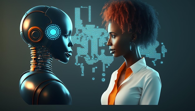 A robot and a woman facing each other