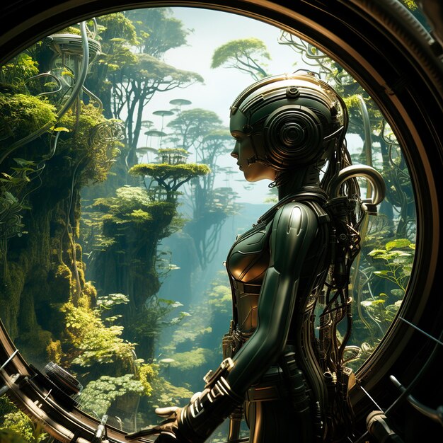 a robot woman from the future protecting an organic colony built in a beautiful forest