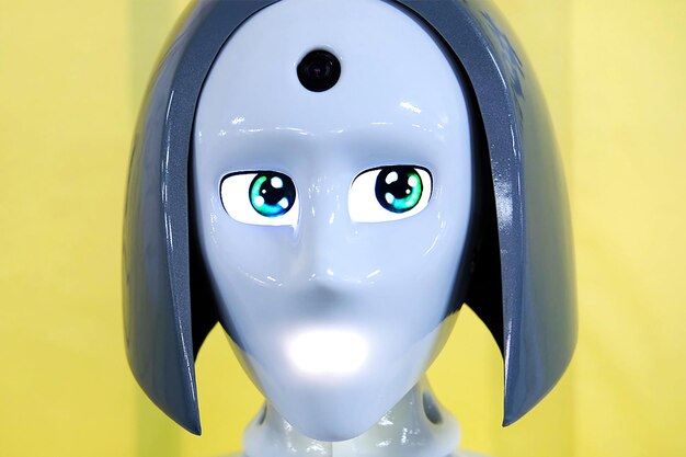 The robot woman KIKI Head with grey hair big eyes and mouth Close up Minsk Belarus September 10 2021