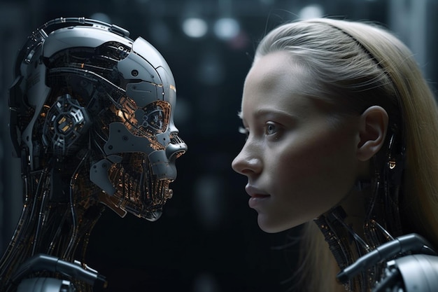 A robot and a woman looking at each other