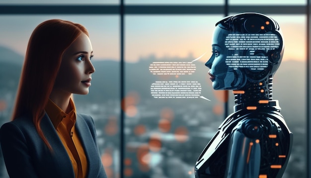 話しかけるロボットと女性