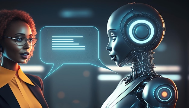 A robot and a woman talking with one another.