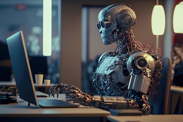 Robot working on a computer in a modern office Generative AI