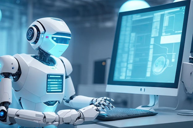人間の間でコンピューターで働くロボット オフィスのキーボードでタイピングする機械