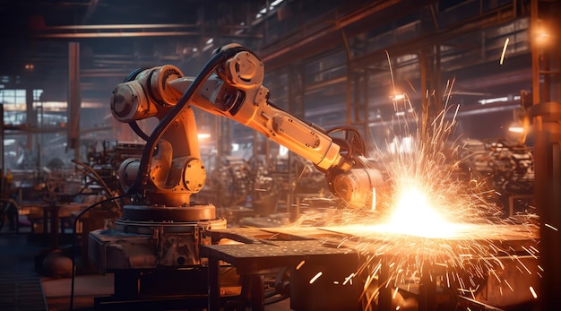 A robot working in a factory with a torch.