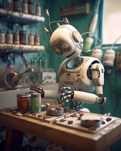 A robot working in a kitchen with a can of coffee.