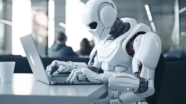 A robot working on a laptop in a conference room.