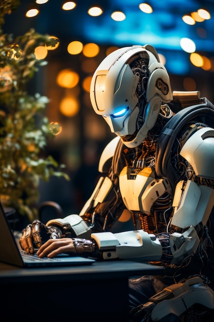 ロボットがノートパソコンでクリスマスツリーの前で働く 生成的なAI