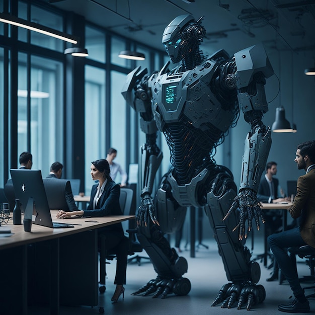 робот, работающий в современном офисе с реальными людьми