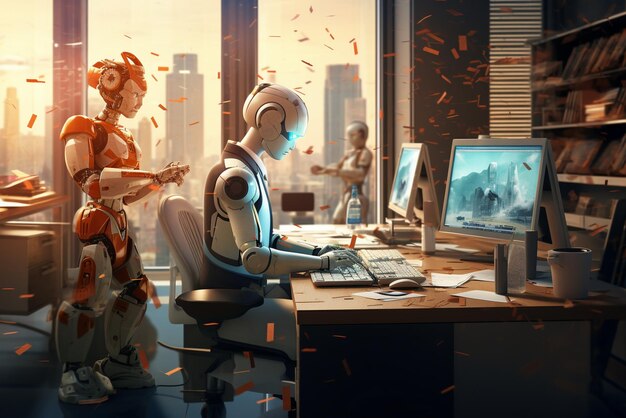 Photo a robot working in a modern office with real people