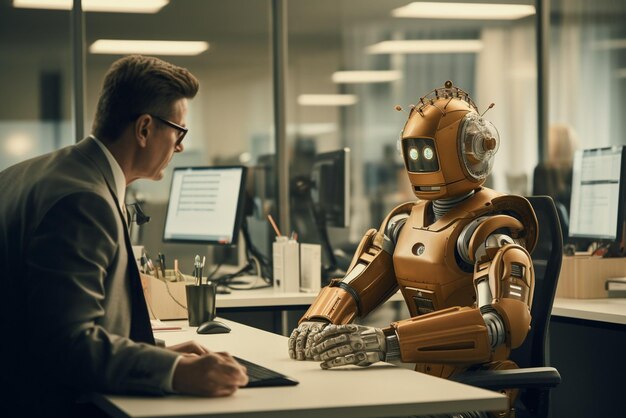 Photo a robot working in a modern office with real people