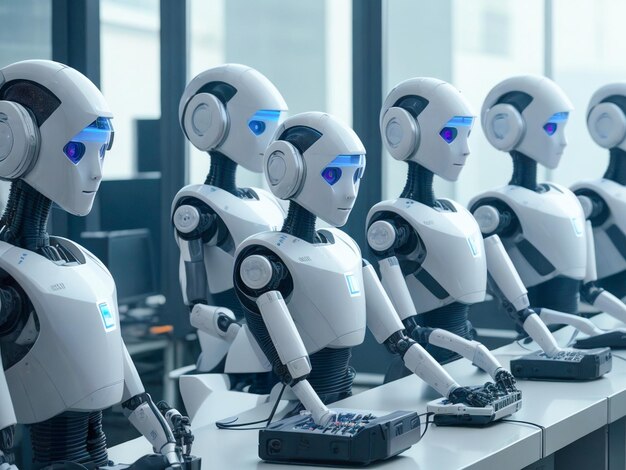 Robot working in a modern office with real people