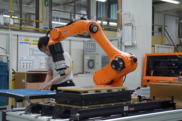 Foto un robot che lavora su un apparecchio in una fabbrica