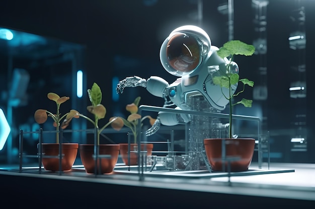 A robot working in a planter with a light on the background