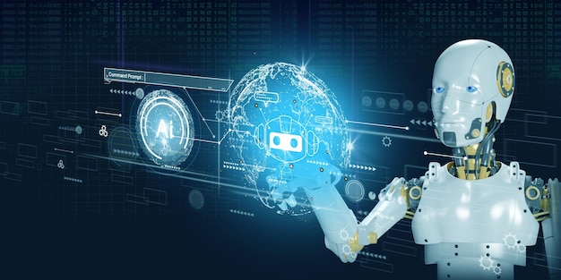 Robot working with digital display Internet connection controlled by AI robot humanoid and machine learning process to analyze data connectivity and cyber security Illustration of robot 3D