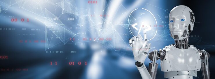 Photo robot working with digital display internet connection controlled by ai robot humanoidcode html programming on screen laptopprogrammer development computer codeweb design coding technology software