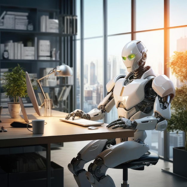 A robot works at a computer in an office