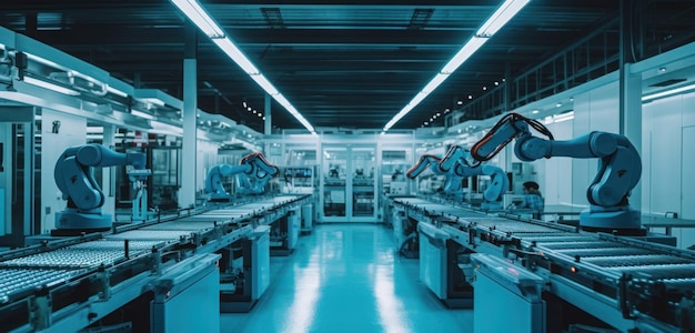 A robot works in a factory with a blue background.