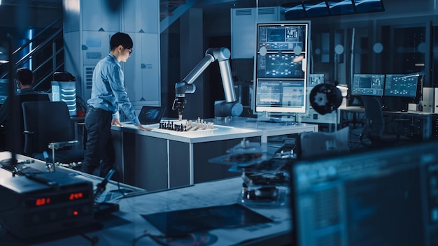 a robot works in a lab with a man looking at a computer screen.