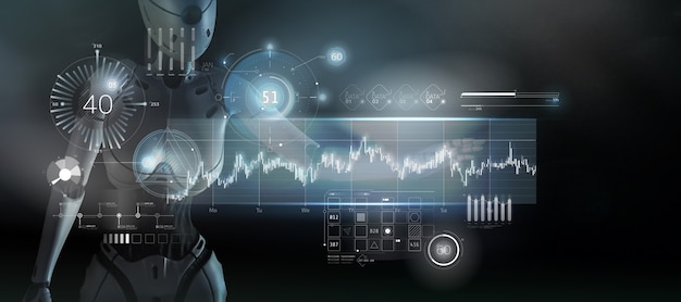 The robot works with stock data on a holographic panel 3d render