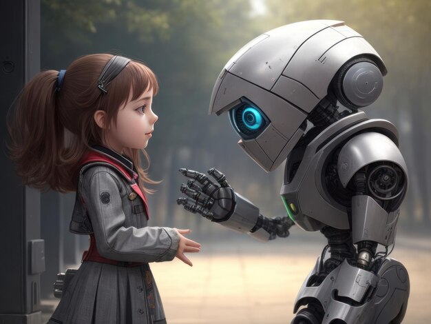 Робот и молодая девушка делятся секретом, подчеркивая доверие и связь между ними.