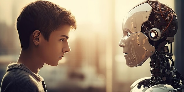 Robot and young man face to face