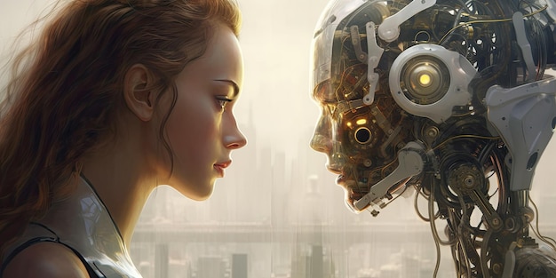 Робот и молодая женщина лицом к лицу