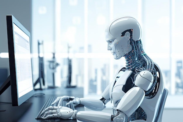 Robot zit aan een bureau met een laptop voor hem door generatieve AI