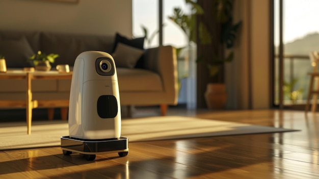 Foto robot zit op de vloer van de woonkamer.