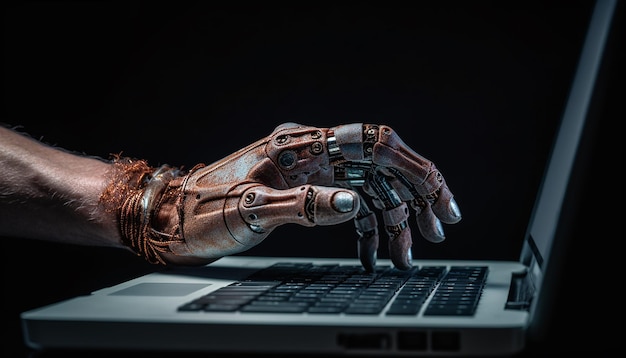 Robotachtige hand die een toetsenbord op laptop drukt