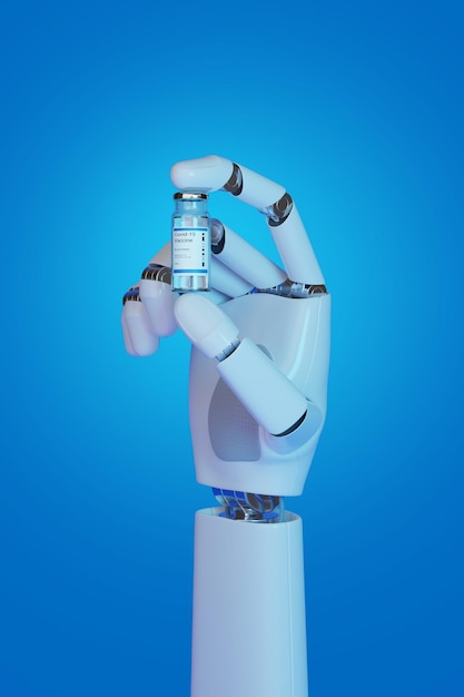 Robotachtige hand met een covid 19 vaccin 3d illustratie