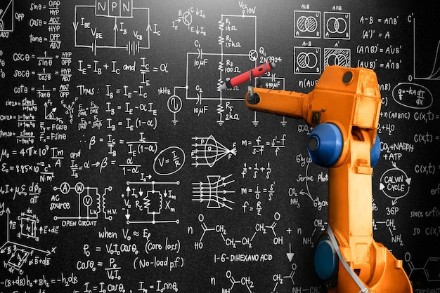 Robotarm AI die wiskunde analyseert voor gemechaniseerde probleemoplossing in de industrie