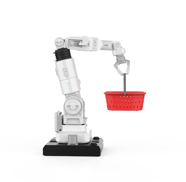 Foto robotarm houdt een lege rode mand vast voor het oogsten of winkelen