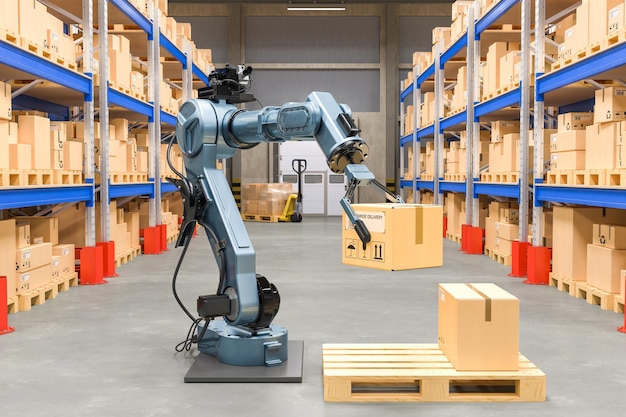 Robotarm met kartonnen doos Automatische 3D-weergave van het pakhuisconcept
