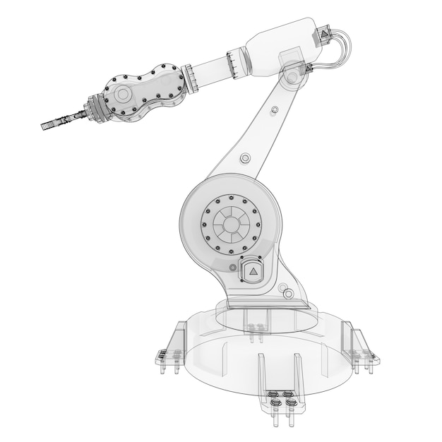 Robotarm voor elk werk in een fabriek of productie. Mechatronische apparatuur voor complexe taken. 3D illustratie.