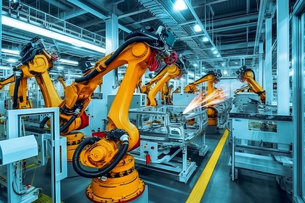Robotarm voor industrieel lassen in productielijnfabriek Geautomatiseerde robotarmassemblage