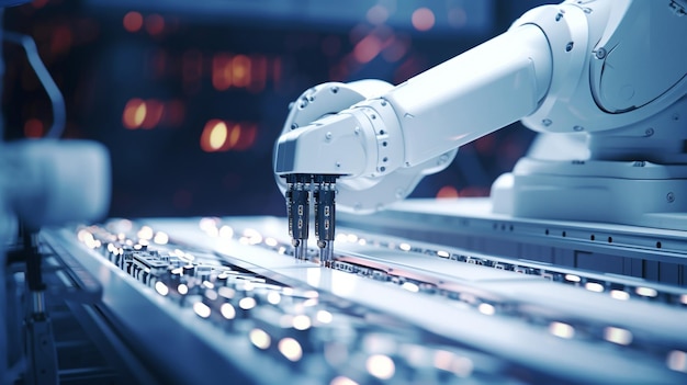 robotarm werkt in een futuristische hi-tech fabriek voor complexe automatiseringstechnologie voor productassemblage