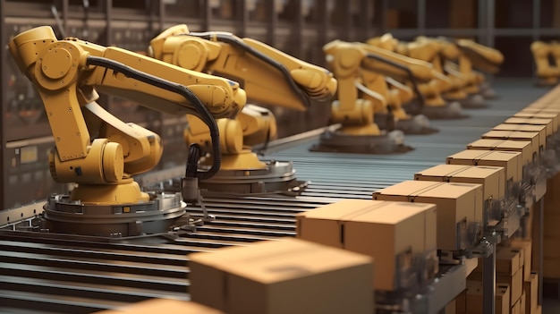 Robotarmen werken met kartonnen dozen op rollenbaan met opslagmagazijn achtergrond Genera