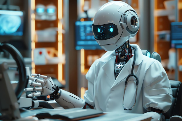 Robotarts met stethoscoop die in een ziekenhuis werkt concept van kunstmatige intelligentie