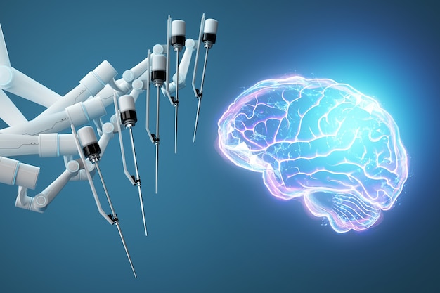 Robotchirurg en hologram van het menselijk brein. Medische apparatuur voor neurochirurgie. Moderne geneeskunde, technologie. 3D render, 3d illustratie.