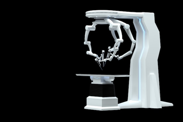 Robotchirurg, robotapparatuur, manipulatoren geïsoleerd op een donkere muur. Technologieën, toekomst van de geneeskunde, chirurgie. 3D render, 3D illustratie.