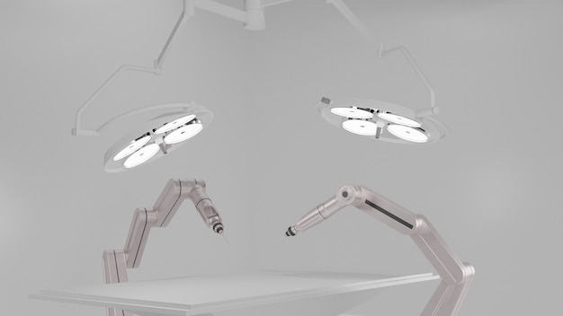 Robotchirurgiemachine met operatielichten in operatiekamer. 3D-weergave