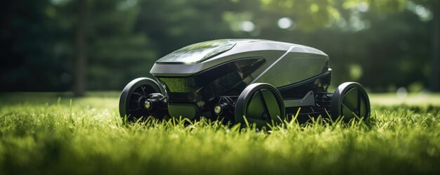 Robotgrasmaaimachine op groen gras in het panorama van de dorpstuin Generatieve Ai