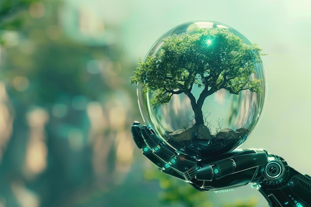 Robothand die een doorzichtige bubbel vasthoudt met een levendige boom erin die de toekomst en de natuur symboliseert