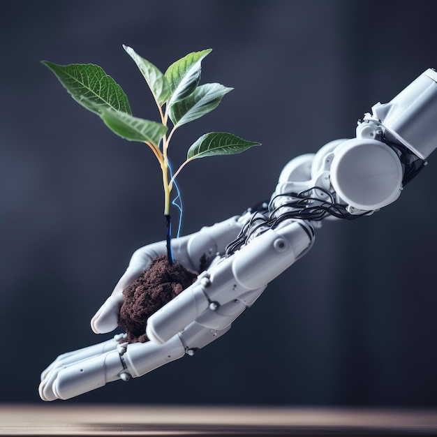 Robothand die een plant generatieve ai houdt