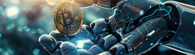 Robothand met bitcoin die kunstmatige intelligentie samenvoegt met cryptocurrency-business