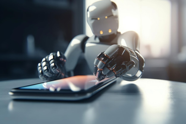 Robothand met smartphone Technologische en innovatieve toekomst zeer binnenkort Genereren van AI