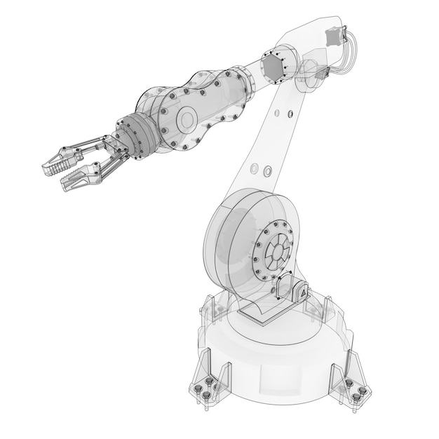 Robotic arm for any work in a factory or production. Mechatronic equipment for complex tasks. 3d illustration.